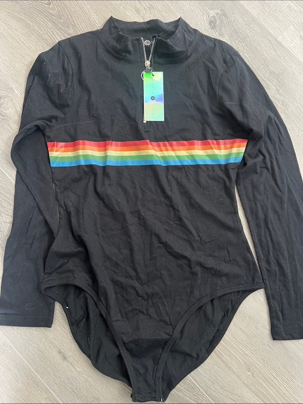 Black Long-Sleeve Bodysuit with Rainbow Stripe